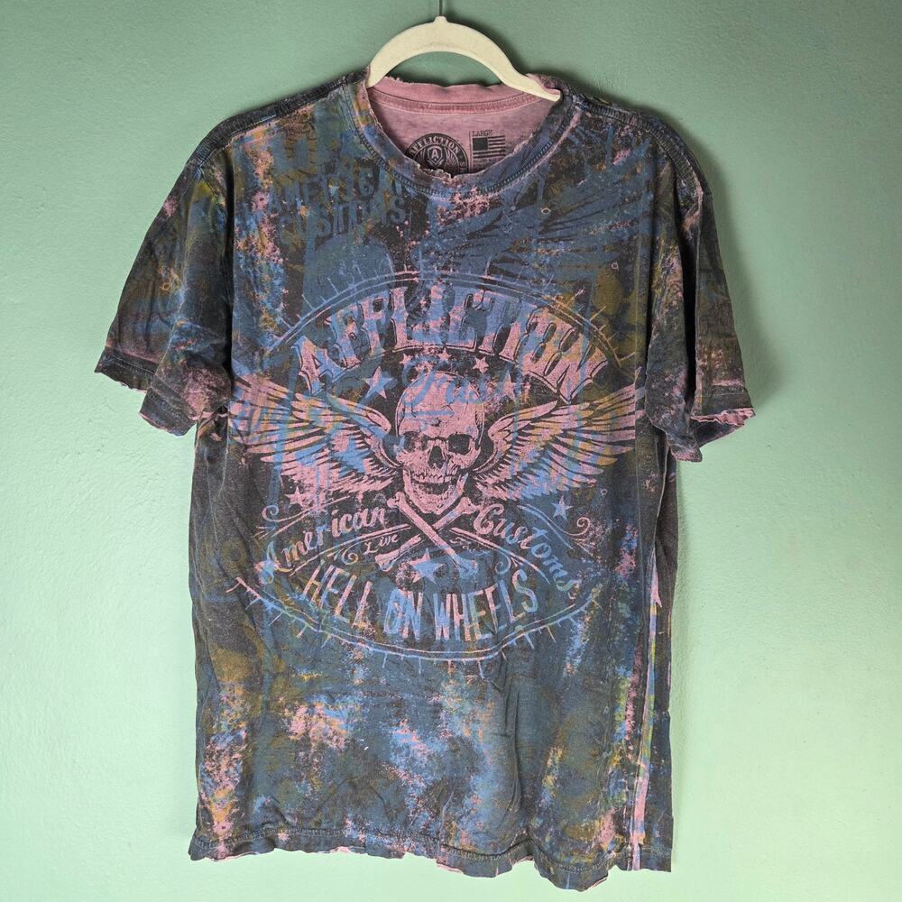 Affliction American Custom Mens Large Tie Dyed Distressed Hell On Wheels Shirt